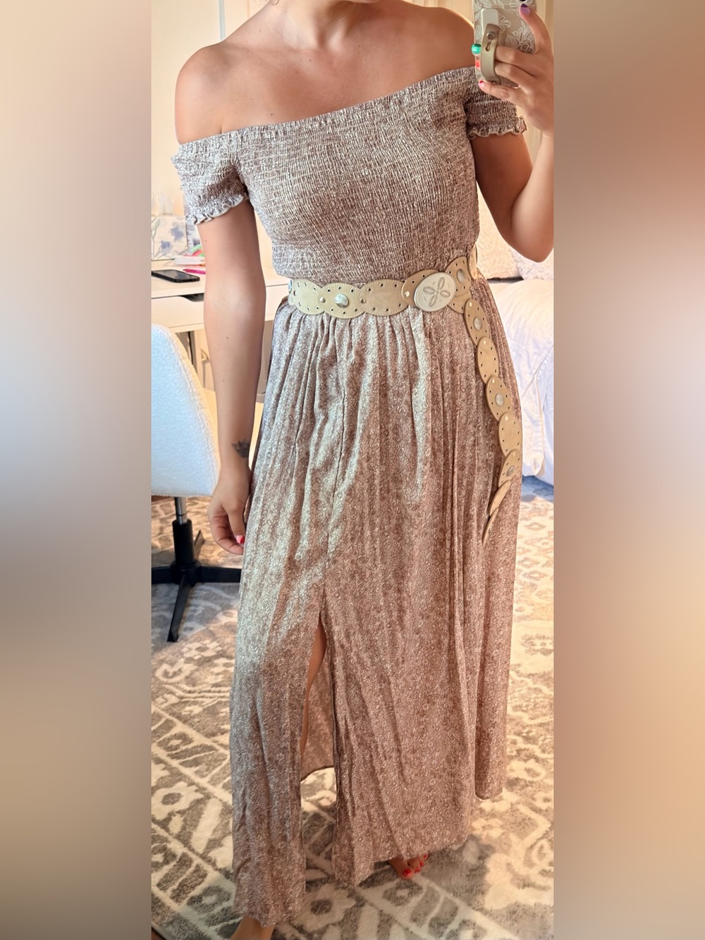 Off-Shoulder neutral browns maxi dress